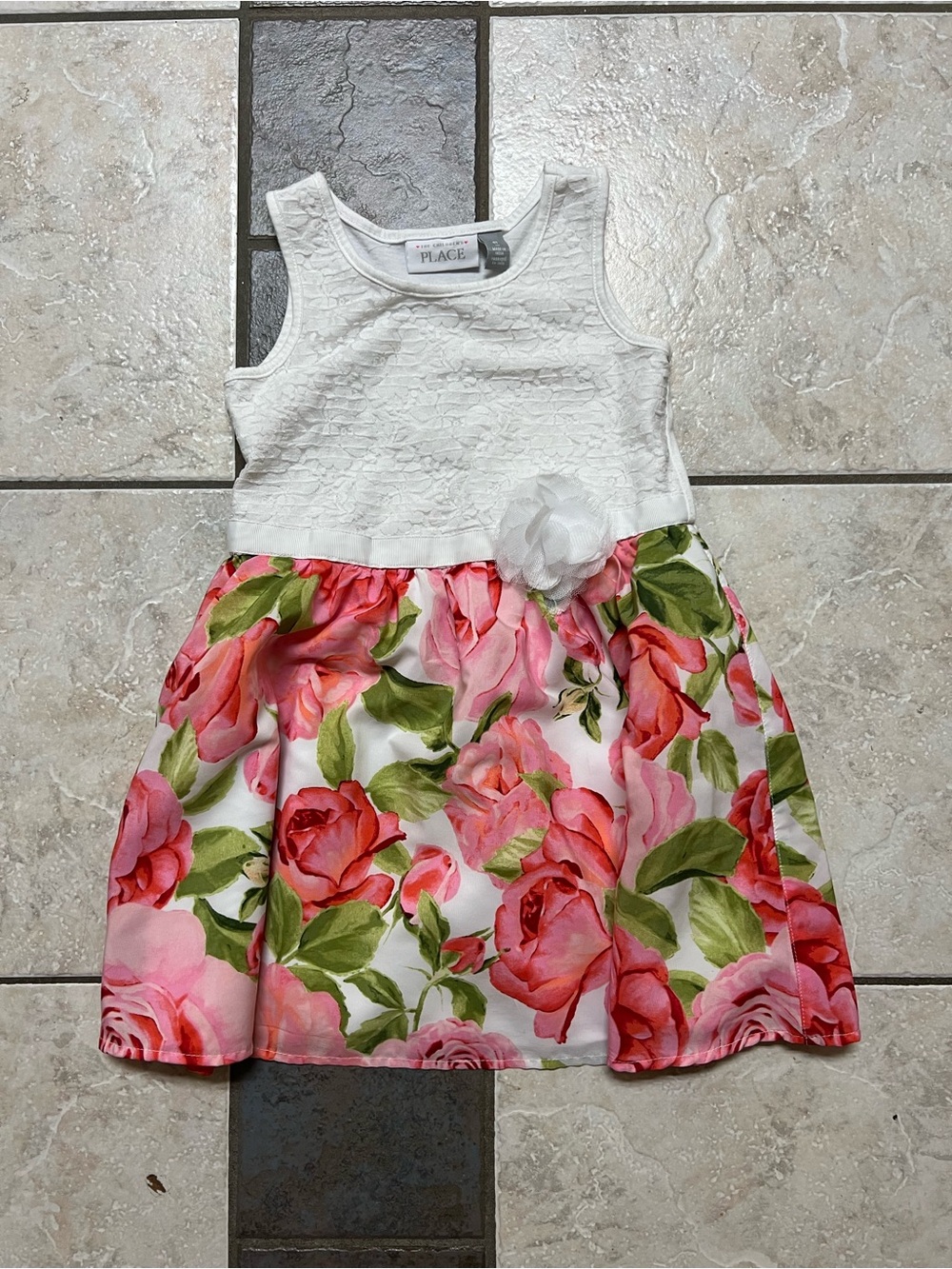 The Children's Place White Bodice Pink Floral Dress with Flower Accent